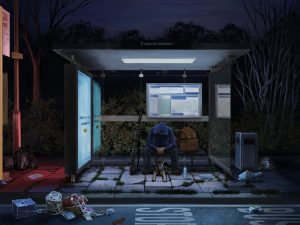 Digital Art einer Person, die nachts gebeugt in einer Bushaltestelle sitzt. Zu ihren Füßen liegt ein kleiner Hund.
