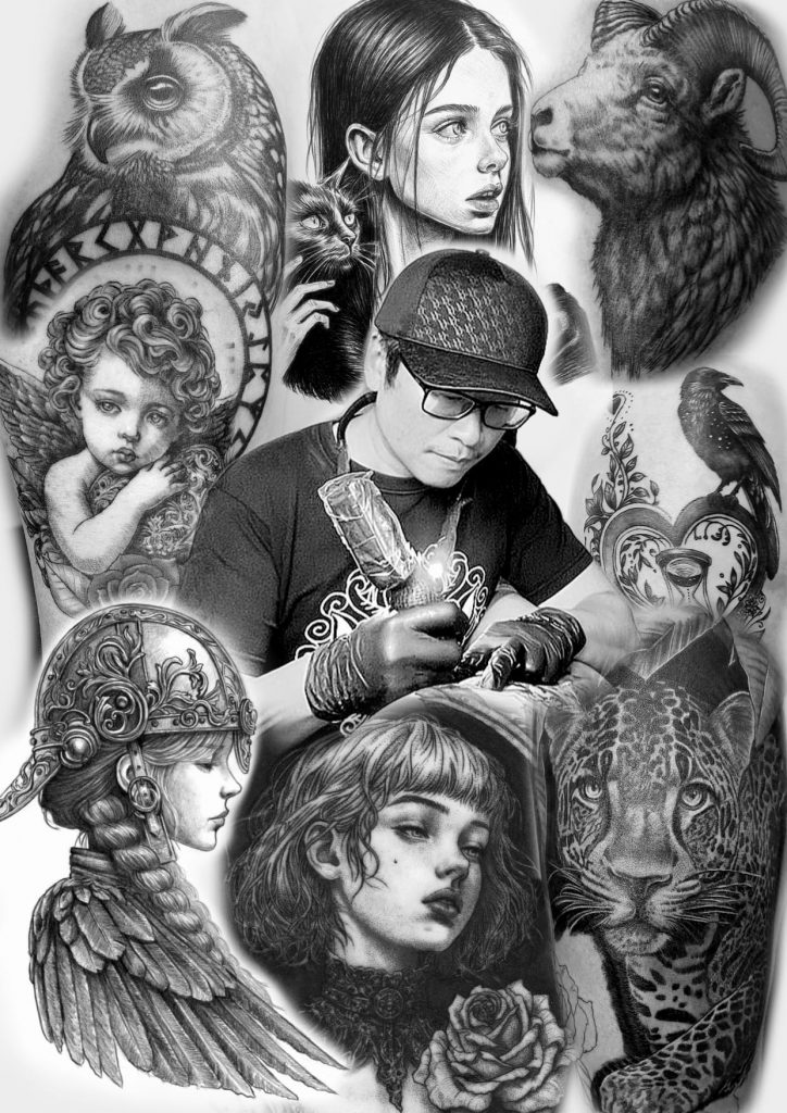 Tätowierer Yuan Li beim Tattoo stechen. Kollage mit mehreren Bildern um den Tätowierer herum.