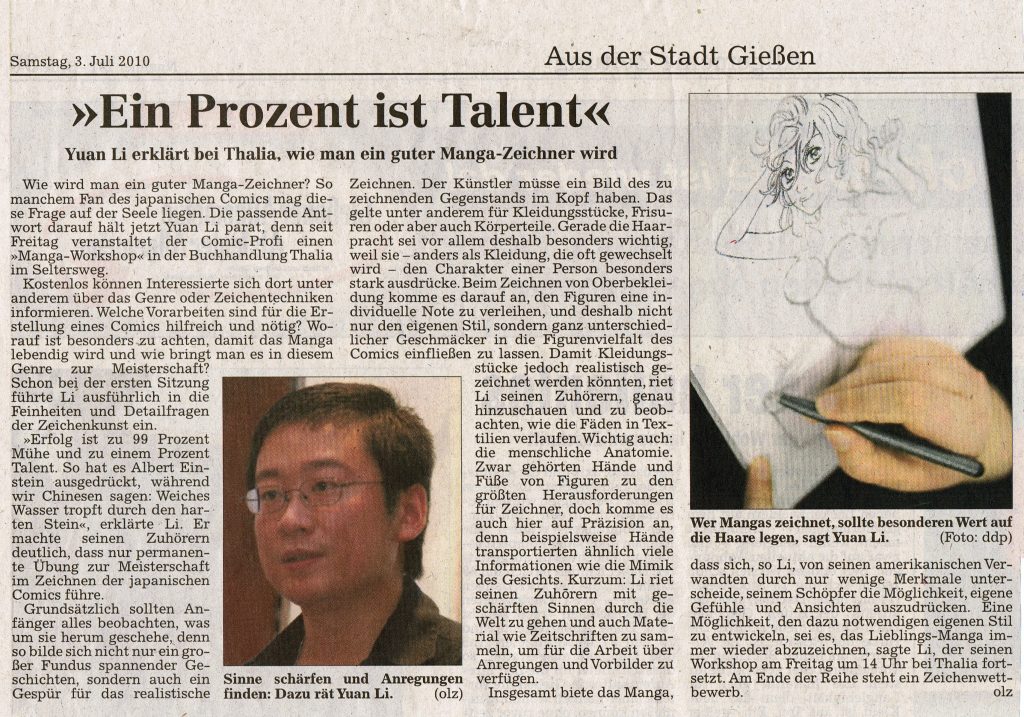 Zeitungsartikel über einen Manga-Workshop von Yuan Li.
