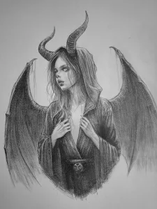 Bleistiftzeichnung einer Dämonin. Sie hat gewundene, spitze dunkle Hörner auf dem Kopf. Auf ihrem Rücken sind dunkle Flügel, die leicht ausgebreitet sind.