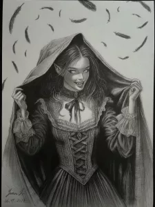 Bleistiftzeichnung einer Vampirin im viktorianischen Kleid. Sie hält einen Umhang über ihren Kopf, vom Himmel fallen schwarze Federn.