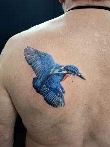 Nahaufnahme eines Oberkörpers. Auf der Schulter ist ein großes farbiges Tattoo eines Eisvogels zu sehen.