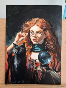 Acrylbild. Eine junge Hexe mit langen roten Haaren. Sie hat eine schwarze Katze auf dem Schoß und eine Kristallkugel in der Hand.