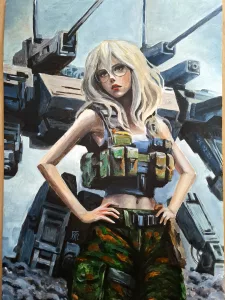 Acrylbild. Das Bild zeigt eine junge Frau in Kampfmontur. Im Hintergrund ist ein Kampfroboter zu sehen.