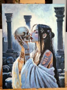 Foto eines Acrylbildes. Das Bild zeigt eine düstere Szenerie. Ein Mädchen mit lange dunklen Haaren und Tattoos auf dem Oberarm küsst einen Totenschädel.