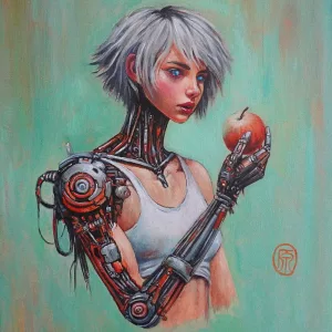Acrylmalerei: Cyborgmädchen mit Apfel in der Hand auf Grün gemustertem Grund.
