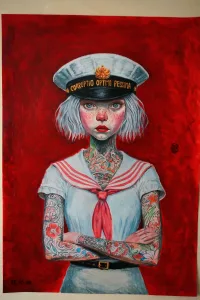 Nahaufnahme eines Acrylbildes, Seefahrerin auf rotem Grund.