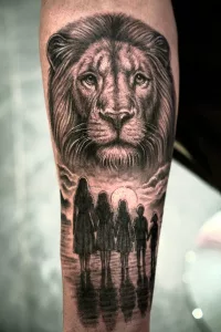 Nahaufnahme eines Unterarm-Tattoos in Blackand Grey. Eine Frau mit Kindern im Sonnenuntergang unter einem großen Löwenkopf.