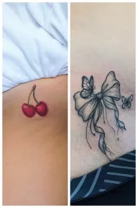 Zweigeteilte Nahaufnahme von zwei Tattoos. Links ein farbiges Kirschen-Tattoo, rechts eine Schmetterlingsschleife mit zwei kleinen Schmetterlingen in Black and Grey.