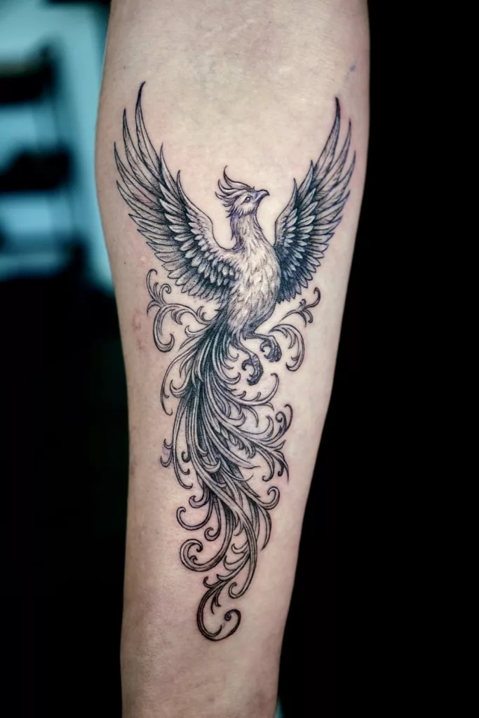Nahaufnahme eines Unterarm-Tattoos. Das Schwarz-weiße Tattoo zeigt einen Phönix mit ausgebreiteten Schwingen.