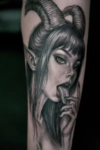 Nahaufnahme eines Unterarm-Tattoos in Black and Grey. Das Motiv zeigt eine Dämonin, die die Zunge herausstreckt.