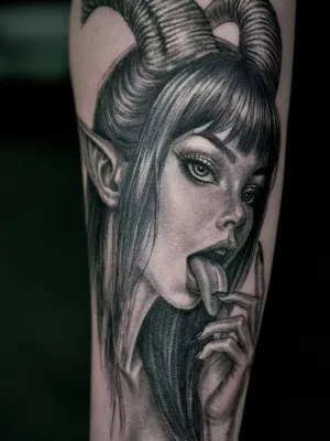 Unterarm-Tattoo_black-and-grey_Dämonin Nahaufnahme eines Unterarm-Tattoos in Black and Grey. Das Motiv zeigt eine Dämonin, die die Zunge herausstreckt.