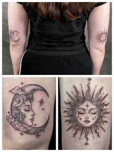 Dreigeteilte Nahaufnahme eines Oberarm-Tattoos in Black and Grey. Das Motiv zeigt einen Mond und eine Sonne.
