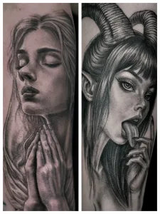 Zweigeteilte Nahaufnahme eines Unterarm-Tattoos in Black and Grey. Das Motiv zeigt zwei Frauen, eine betende und eine Dämonin mit Hörnern.